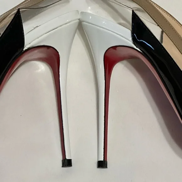 Christian Louboutin Paulina Sling 100 Patent/PVC Black, Nude, and White Heels - Picture 12 of 12
